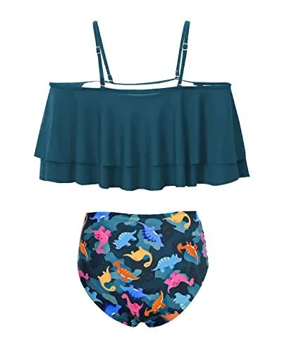 Charming High Waisted Ruffle Bikini Set For Women-Blue Green Dinosaur