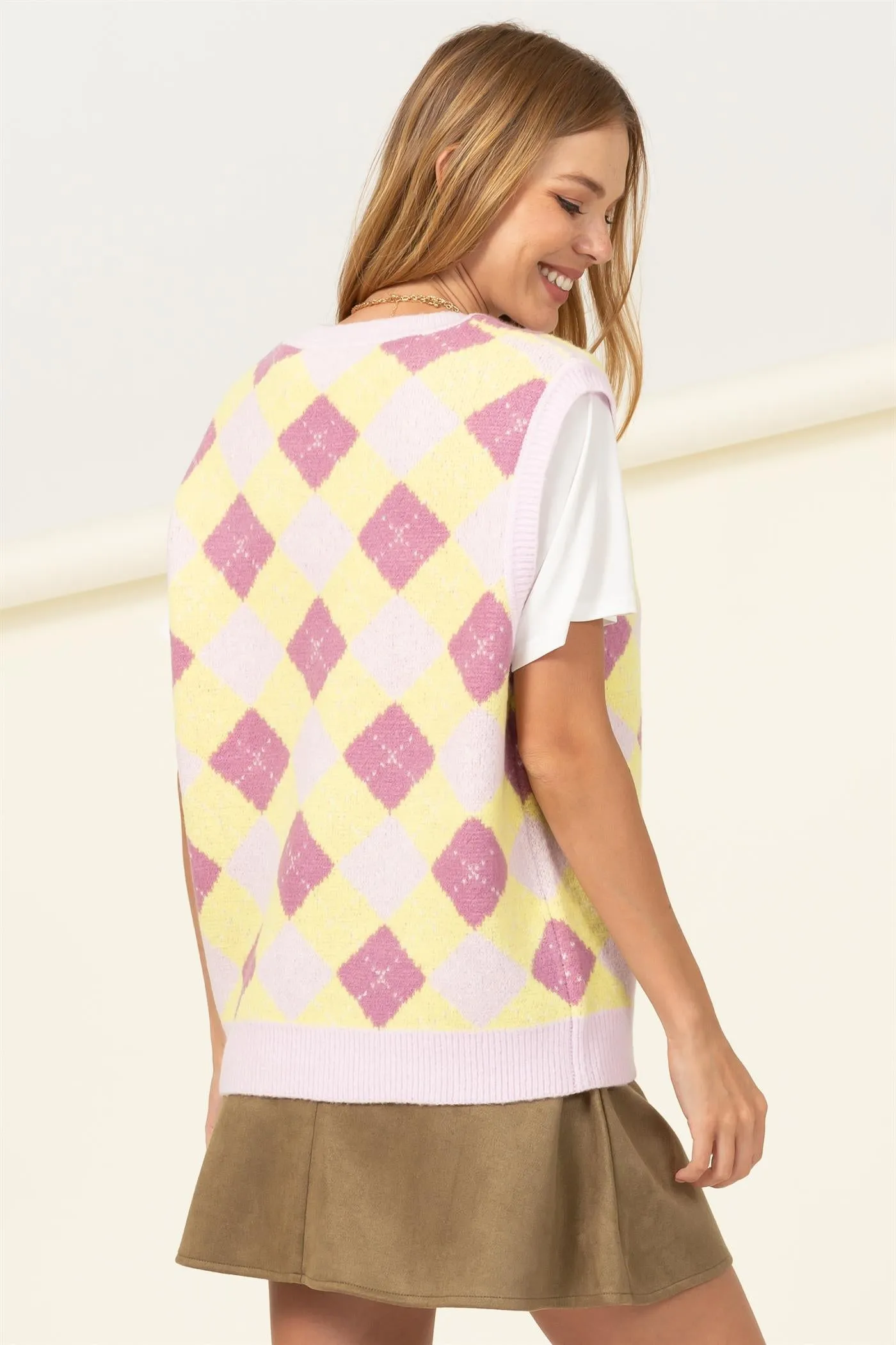 HF22F817-ARGYLE SWEATER DROP-SHOULDER VEST