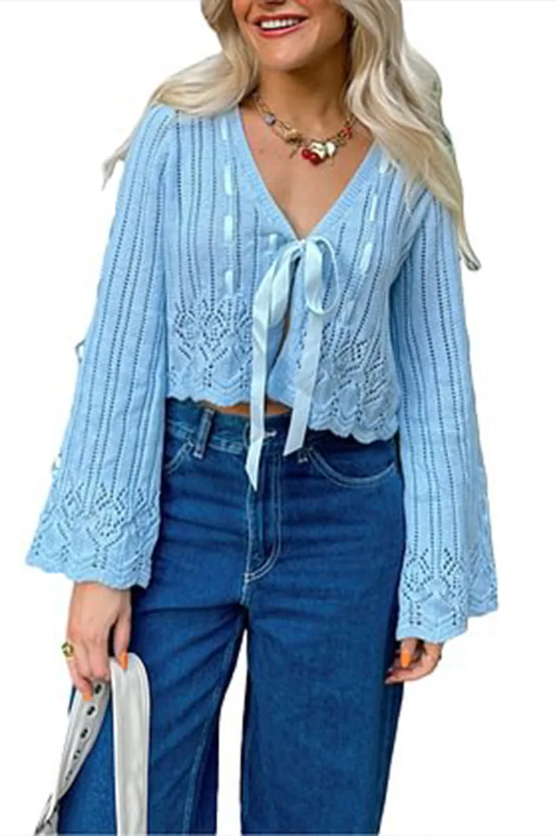 HWS1392 Boho Bell Sleeve Knit Top
