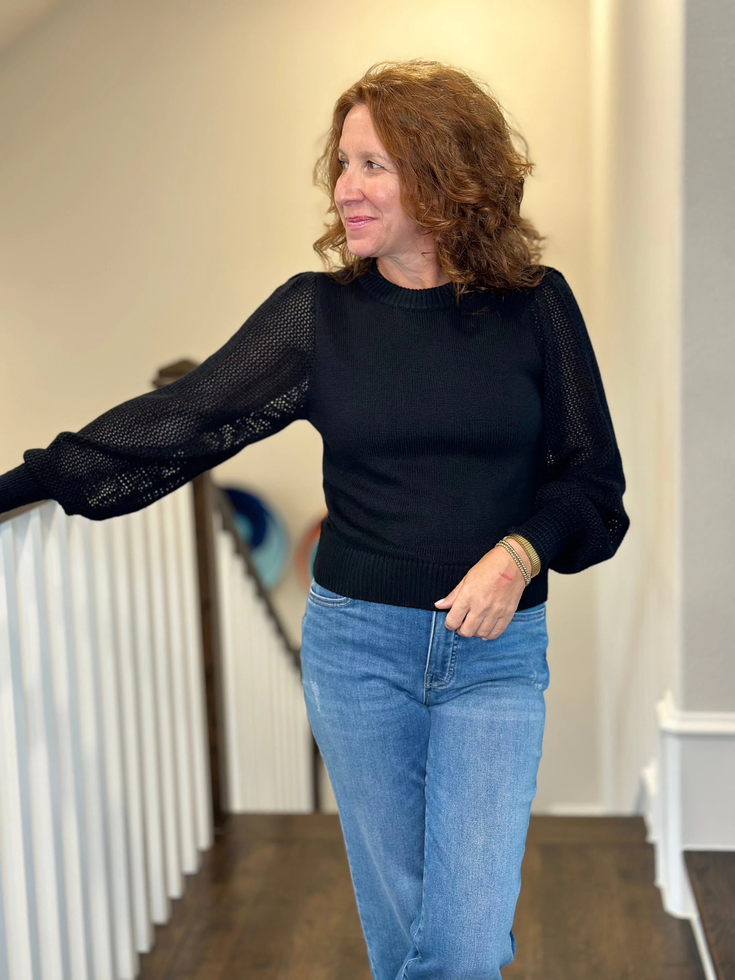 Lilla P - Pointelle Sleeve Crewneck Sweater in Black