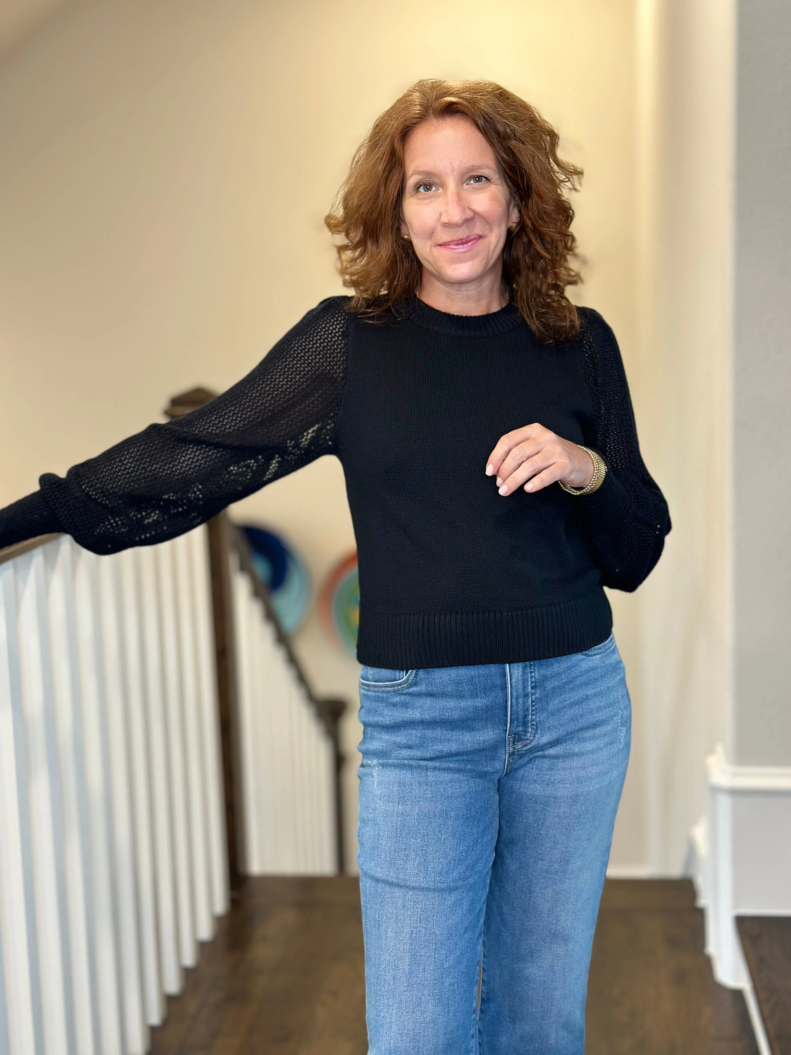 Lilla P - Pointelle Sleeve Crewneck Sweater in Black