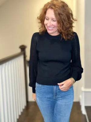 Lilla P - Pointelle Sleeve Crewneck Sweater in Black