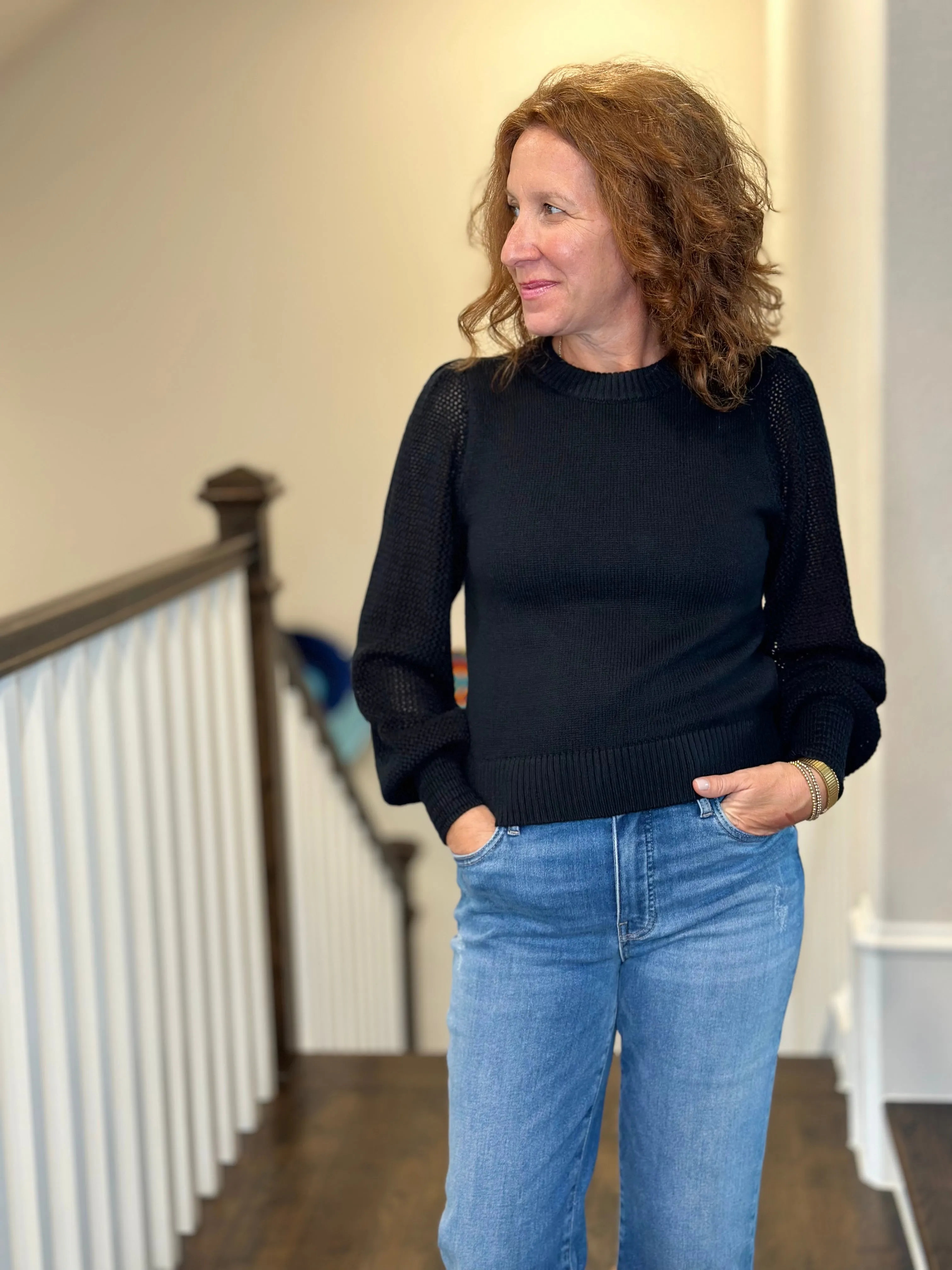 Lilla P - Pointelle Sleeve Crewneck Sweater in Black