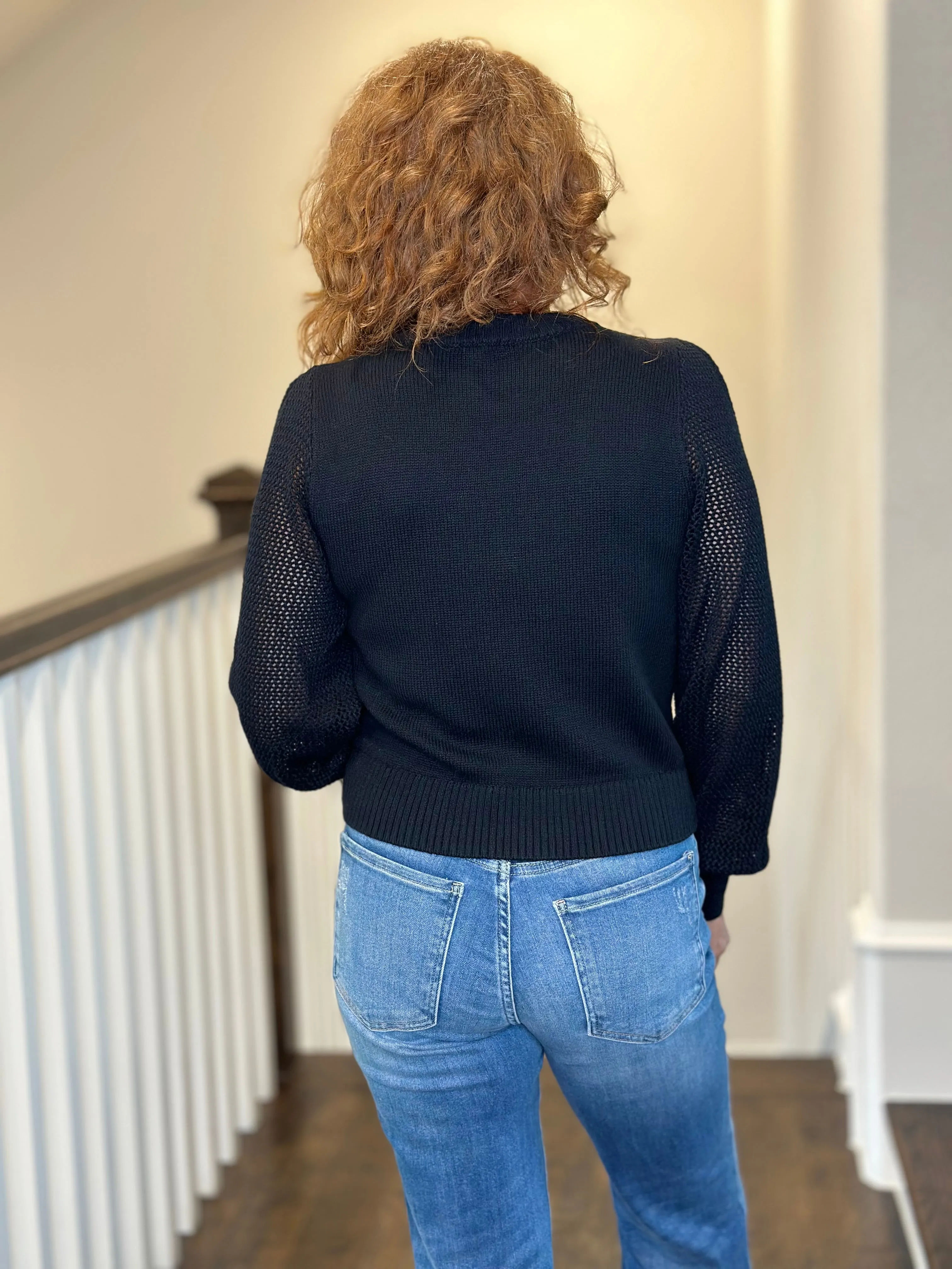 Lilla P - Pointelle Sleeve Crewneck Sweater in Black