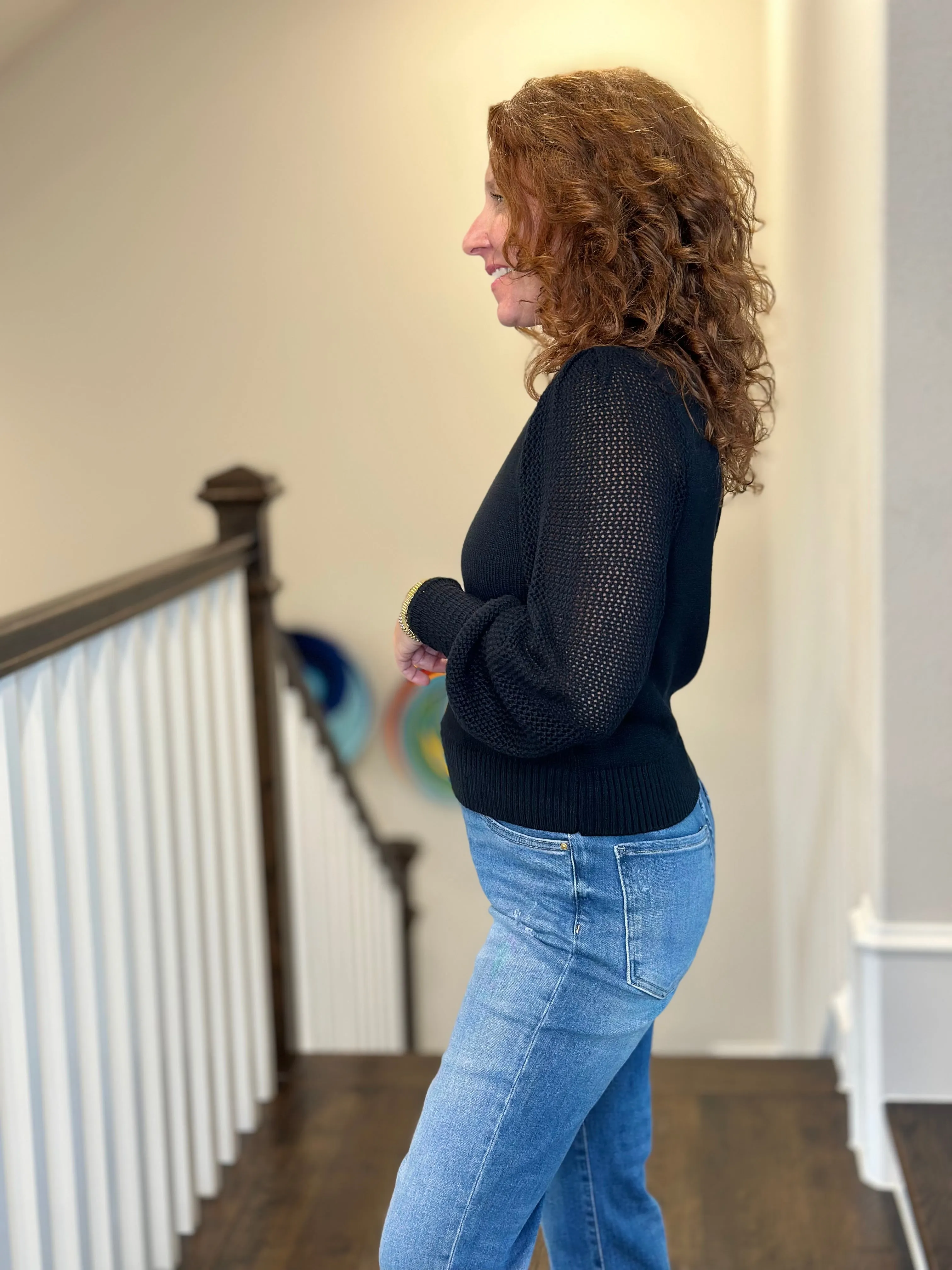 Lilla P - Pointelle Sleeve Crewneck Sweater in Black