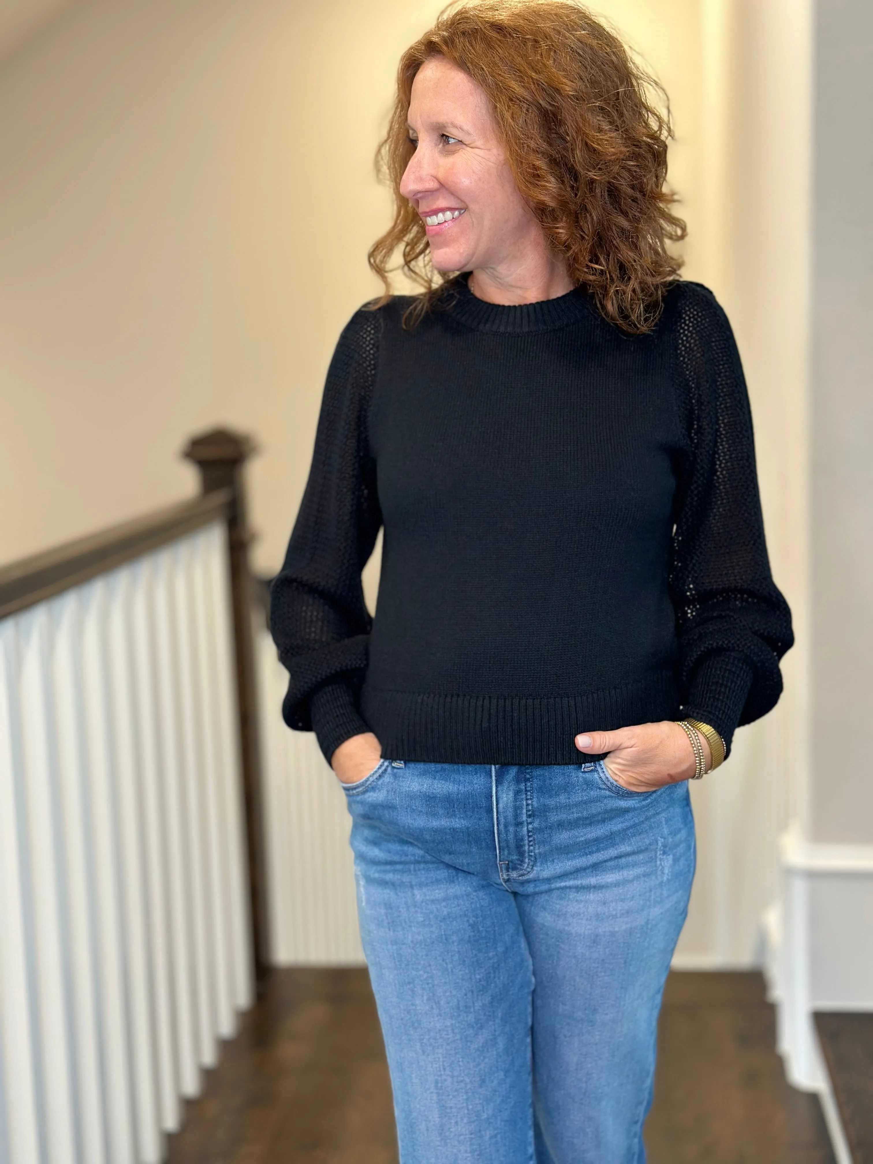 Lilla P - Pointelle Sleeve Crewneck Sweater in Black