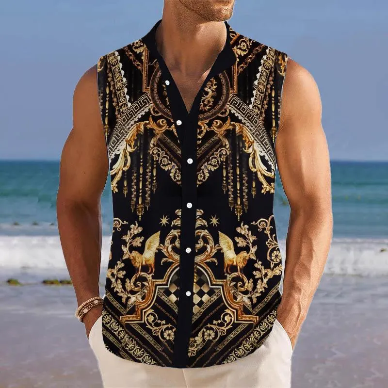 Men's Breathable Linen Lapel Beach Sleeveless Shirt 39546747YM