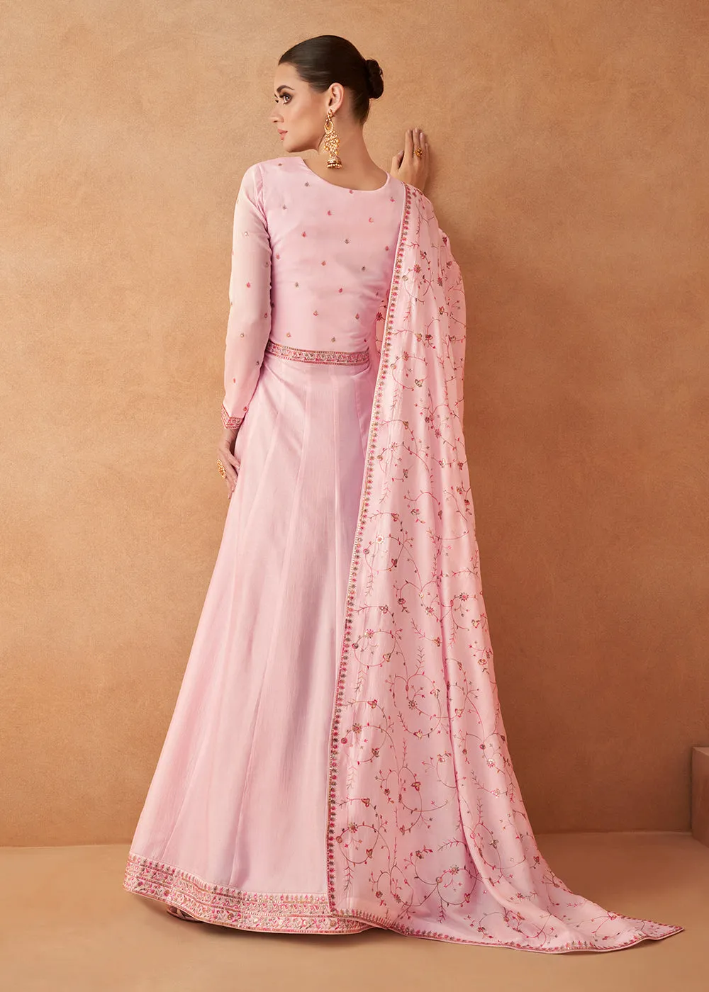 Premium Soft Pink Sequins & Thread Designer Anarkali Suit