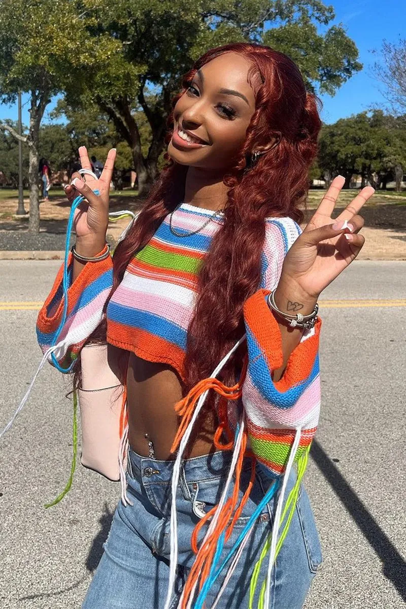 Rainbow Stripe Fringed Navel Knit Sweater