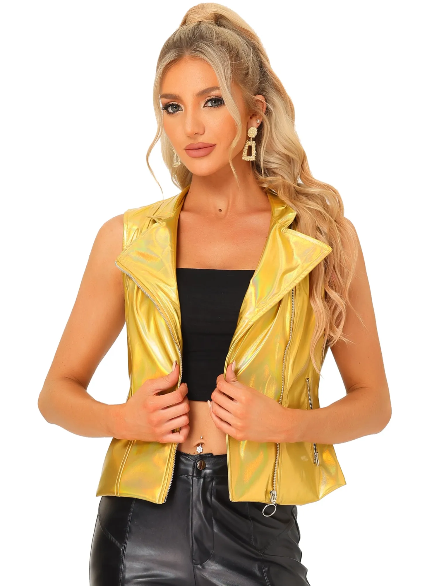 Shiny Metal Stand Collar Sleeveless Zipper Vest