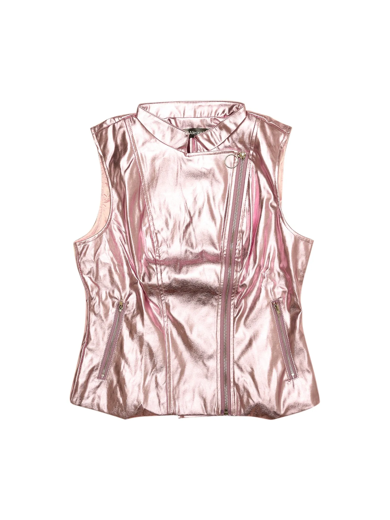 Shiny Metal Stand Collar Sleeveless Zipper Vest