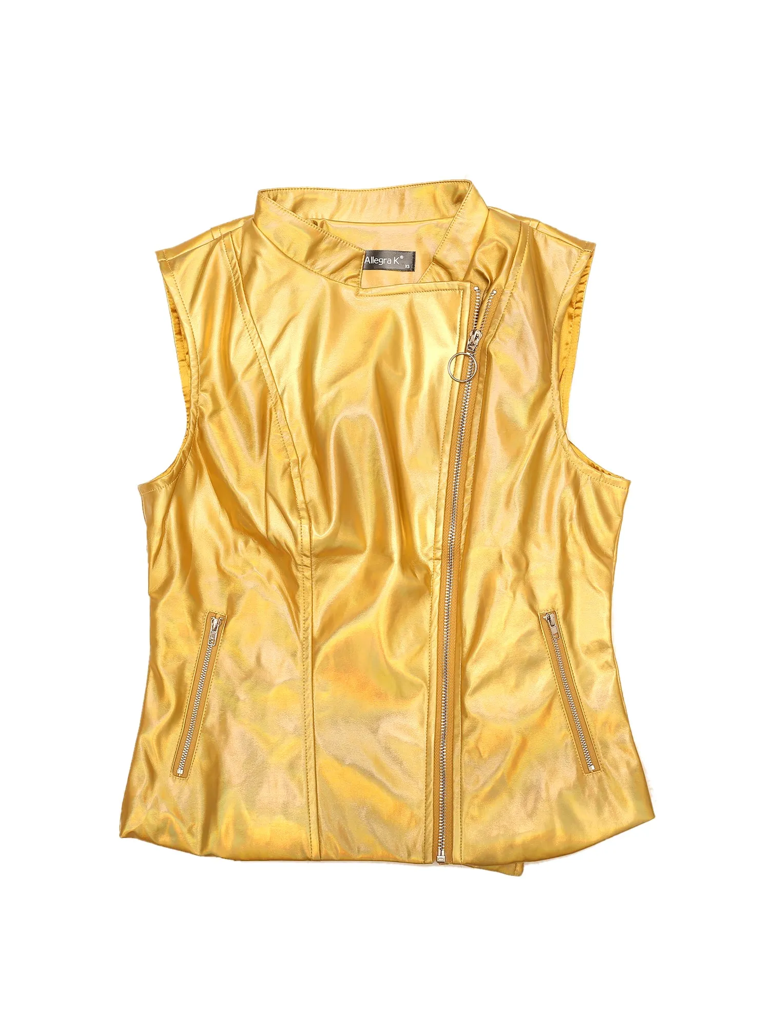 Shiny Metal Stand Collar Sleeveless Zipper Vest