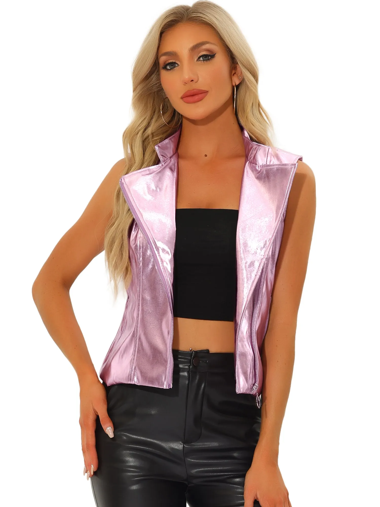 Shiny Metal Stand Collar Sleeveless Zipper Vest