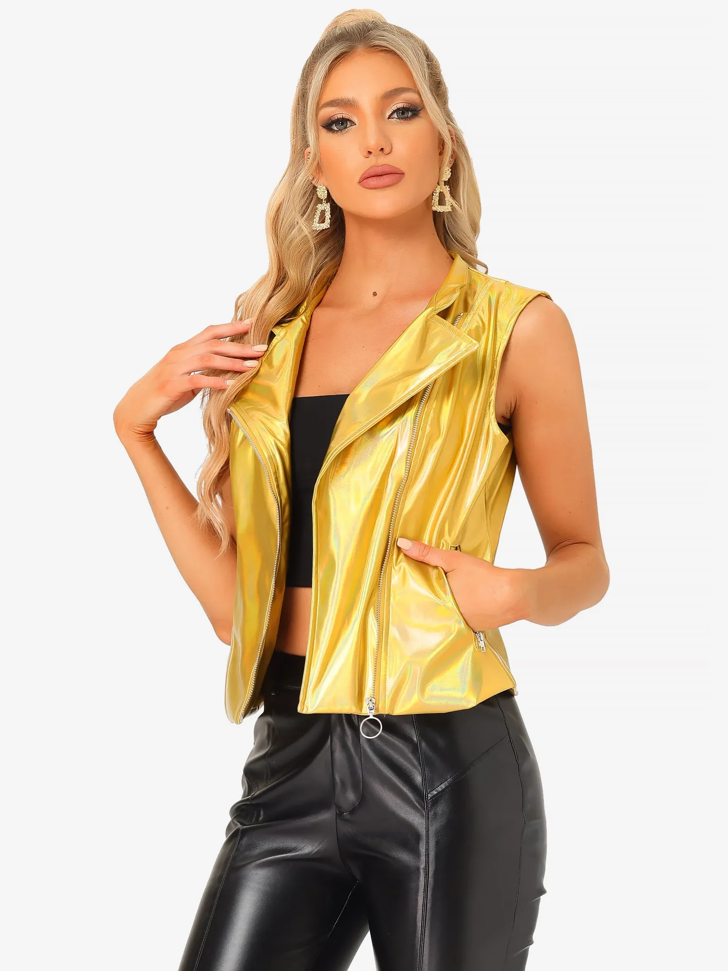 Shiny Metal Stand Collar Sleeveless Zipper Vest