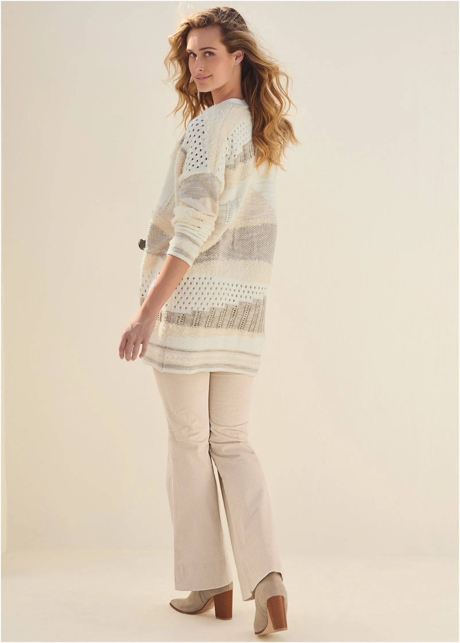 Textured Open Cardigan - Cream Multi